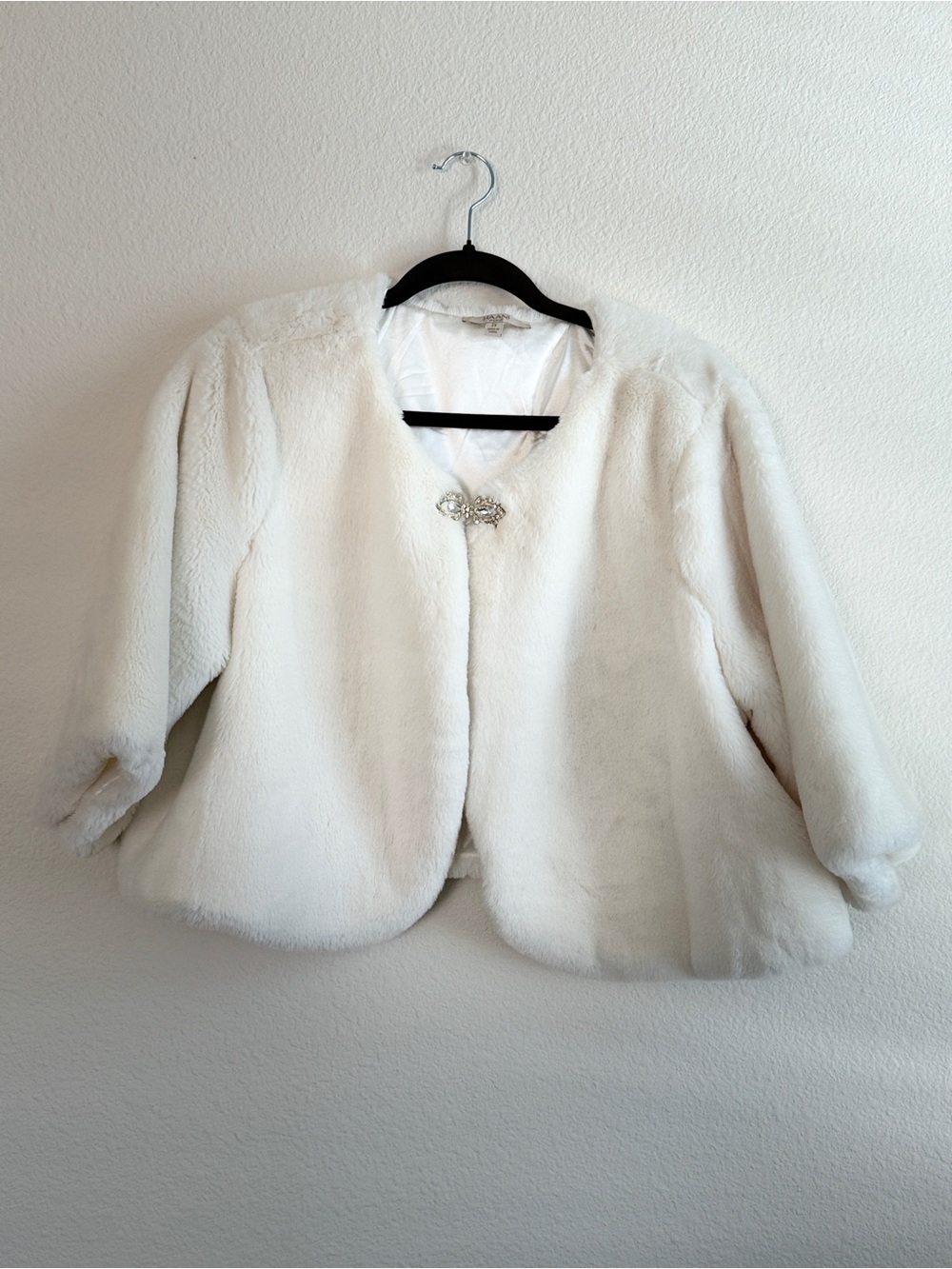 White Faux Fur Cropped Jacket with Decorative Clasp